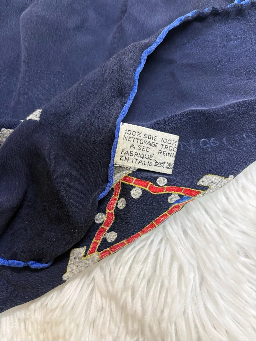 Navy Silk Scarf with Rope and Dot Print